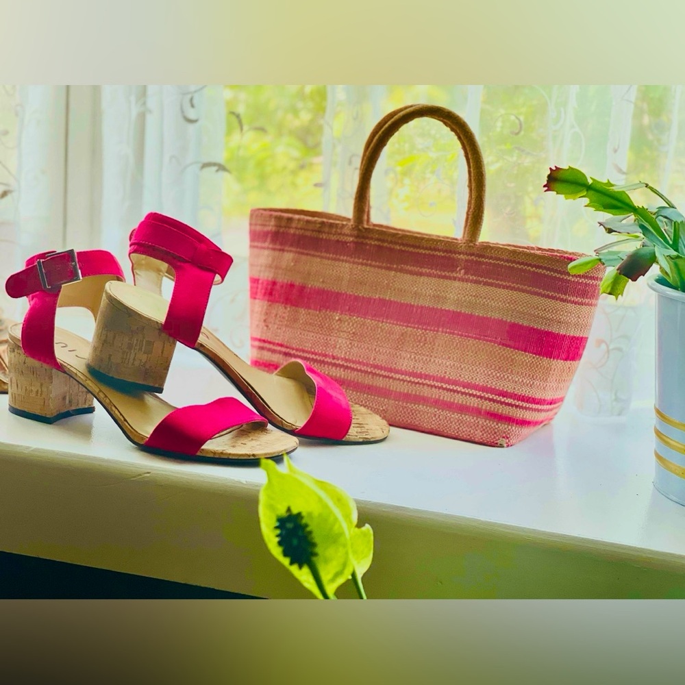 Hot pink suede sandals w/ faux cork accent MATCHING bag /purse comes w/ purchase